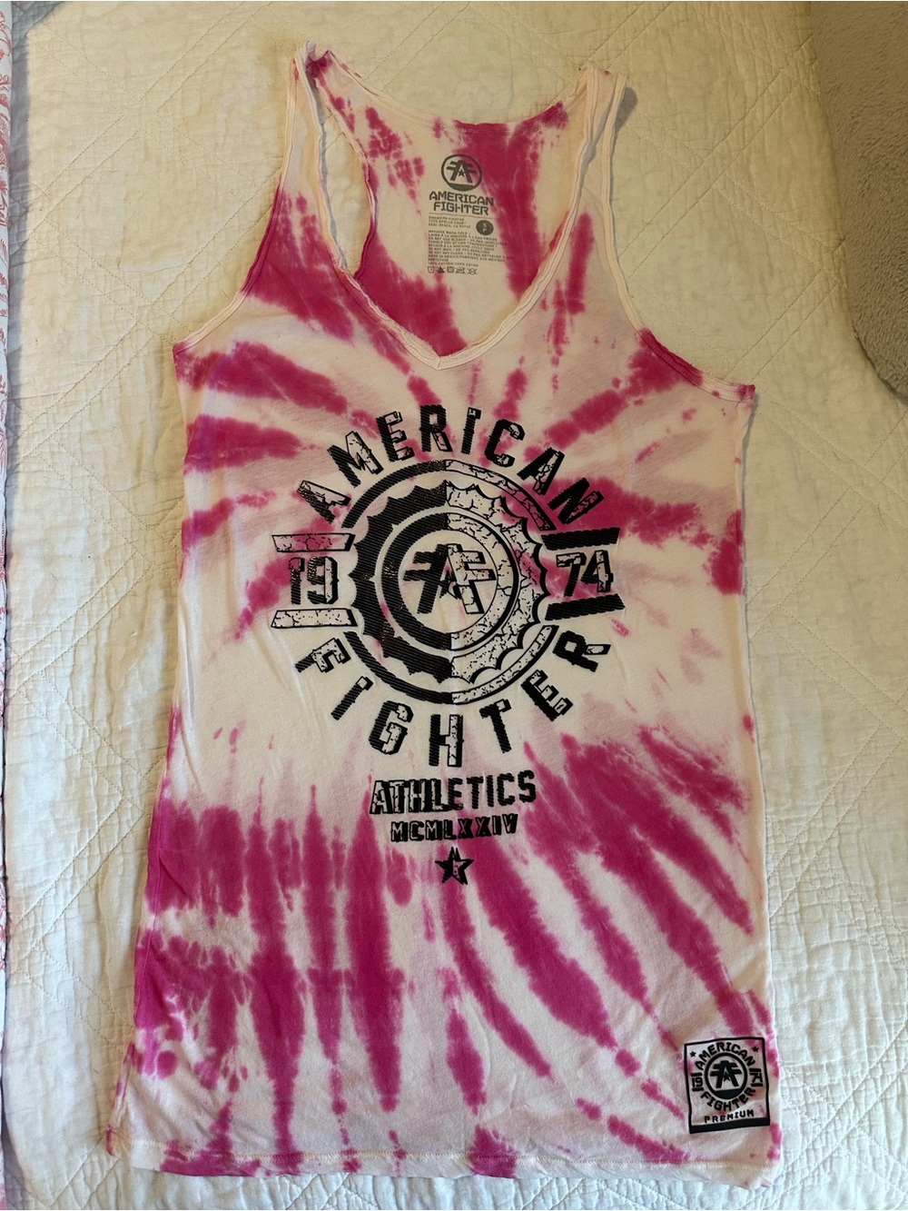 American Fighter Pink and White Tie-Dye Racerback Tank